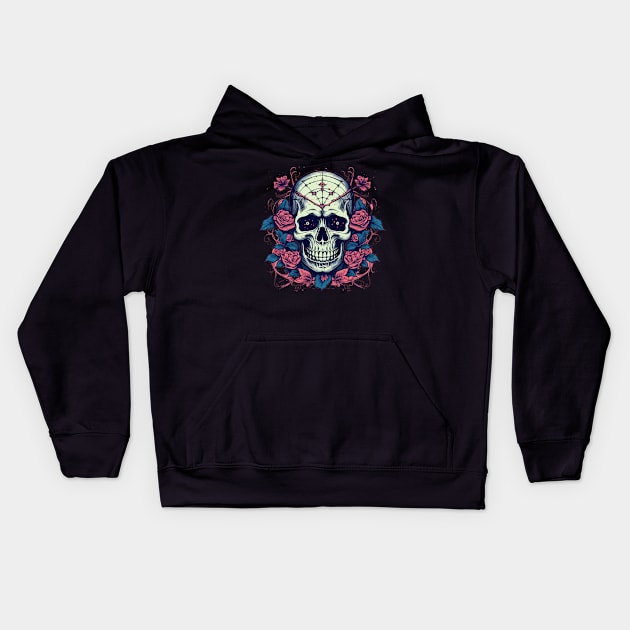 Dark Skull With Spider Webs and Flowers Kids Hoodie by TOKEBI